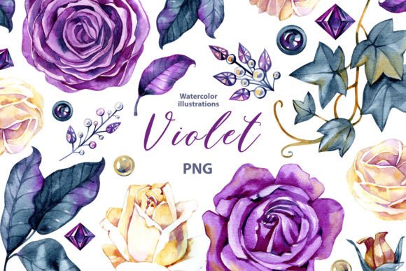 Download Watercolor Violet Roses and Gems Clipart - Violet Collection